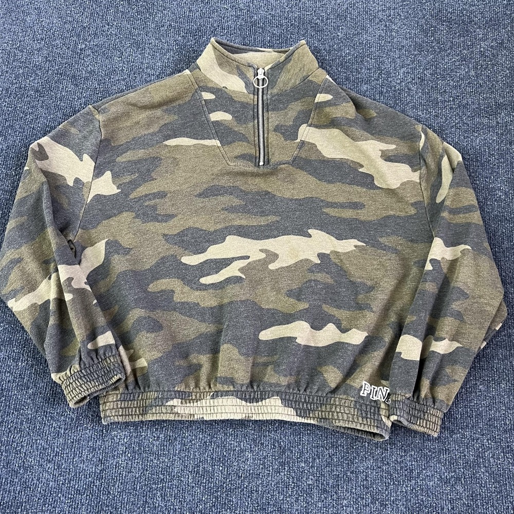 PINK Victoria's Secret Sweatshirt Womens XS Camo Quarter Zip Cropped Pullover